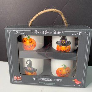 4 HARVEST GREEN STUDIO HALLOWEEN JACK-O-LANTERN Fine China Espresso Cups NIB